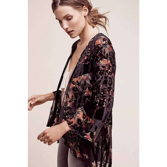 Anthropologie Roseband Velvet Kimono Burnout Open Cardigan Top Multi Color OS - Picture 3 of 9